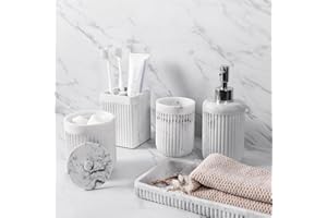 XLHOMO Resin White Marble Bathroom Accessories Set 5 Pcs, Lotion Soap Dispenser, Toothbrush Holder, Bathroom Tumbler, Qtip Holder and Vanity Tray, Bathroom Countertop Organizer Set for Modern Home Apartment