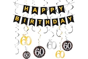 adakel 60. Geburtstag Dekoration, Happy Birthday Banner und 60. Geburtstag Swirl Folienspiralen Deckenhänger für 60. Geburtstag Party Dekoration Zubehör
