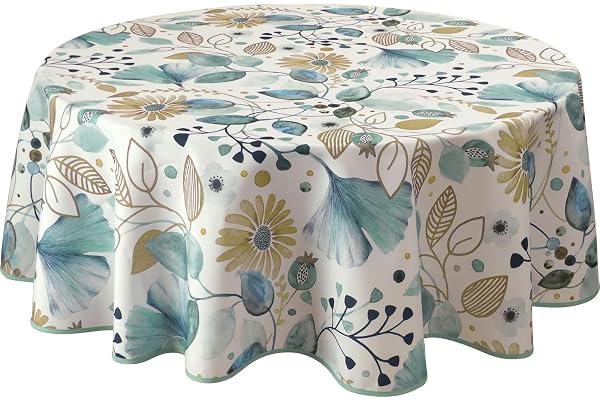 Le Linge de Jules Nappe Anti-Taches Bloom - Ronde 160 cm, Bleu, Beige