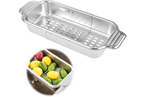 DAKLUNAR Edelstahl Sieb für die Spüle ausziehbar Küchenorganizer variabel Nudelsieb zum Abgießen Siebkorb zum Waschen von Gemüse und Obst Camping Geschirr