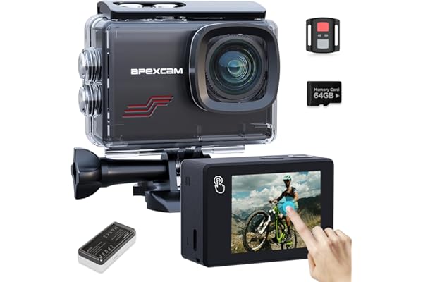 Apexcam Caméra Sport 4K 60FPS 64MP Caméra Étanche 40M Action Cam WiFi avec Micro SD 64GB Écran Tactile Stabilisateur EIS avec Kits d'accessoires pour Sports Extrêmes et Loisirs