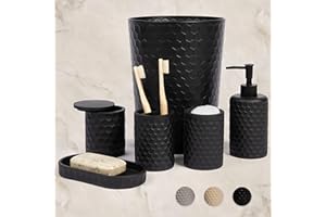 zccz 6-teiliges Badezimmer-Accessoires-Set, Zahnbürstenhalter, Zahnputzbecher, Seifenspender, Badezimmerablage, Wattestäbchenhalter, Mülleimer - Schwarz
