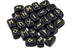 mookaitedecor 25 Pièces Obsidienne Noire Runes Divinatoires Pierres Poli Roulée Gravée Cristal pour Reiki Guérison Décoration