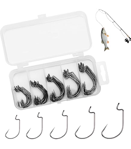 DXIA 50Pcs Boîte Hameçons, Acier à Haute Teneur en Carbone Crochets Décalés de Pêche Convient à Leurres Cuillères Offset Hooks, #2#1 1/0 2/0 3/0, avec la Vente au Détail Porte Boîte de