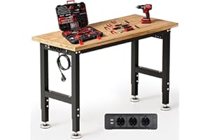 TLGREEN Schwerlast Werkbank aus Gummibaumholz, 122cm Arbeitstisch 5-stufig Verstellbare Höhen, Werktisch mit Steckdosen und Stecktafel, 907kg Tragkraft,4 PCS Füße, Garagentisch für Werkstatt Büro Haus