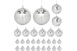 JAVIK 28 Pack Mini Mirror Disco Ball Set: Silver Hanging Disco Balls Decor - Small Mirror Ball Ornaments for Party Decorations Christmas Tree Birthday Wedding (1.2/1.6/2/2.4 Inch)