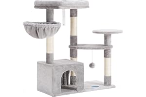 Hey-brother Cat Tree with Sisal Scratching Posts, Multi-Level Cat Tower, Cat climbing frame with large platform, basket, Light Grey MPJ001SW