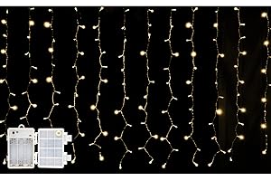 Luz de Cortina Luz Cadena LED Pilas Luces Navidad Exterior Pilas 100 LED 1,2m x 1m Impermeable IP44 con 8 Modos Exterior y Interior Decoración para Habitacion, Bodas, Jardín, Fiesta - Luz Cálida