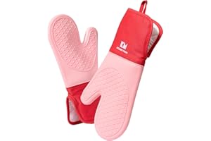 Kitchen Mama 2PCS Silicone Oven Gloves Heat Resistant – Non-Slip, Stain-Resistant, Food-Grade Silicone kitchen gloves & Pot Holders for Baking, Grilling, Triple-Layer Oven Mitts (Red)