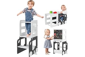AIYAPLAY Torre de Aprendizaje Montessori 4 en 1 Taburete de Aprendizaje para Niños de +3 Años Convertible en Mesa y Silla con Pizarra de Doble Cara Barra de Seguridad 58x46x92 cm Blanco y Gris