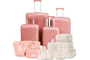 Karl home Luggage Sets of 6, PP Hardshell Suitcase Sets with 8 Packing Organization Cube, Carry on Checked Luggage with Spinner Wheels TSA Lock, Cabin Suitcase for Women Men, Rose Gold