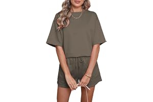 Famulily Short Sleeve Womens Tracksuit Sets Crew Neck Solid Color Tops and Loose Shorts Summer 2 Piece Outfit with Pockets S-