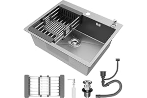 STANEW Évier Cuisine 1 Bac 55 x 45 cm, petit Évier Inox Cuisine inclus avec,Trous pour Robinets et Distributeur de Savon et panier télescopique