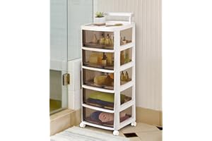 Froppi Pre-Assembled Plastic Storage Drawers on Wheels | 5-Drawer Storage Unit with Attachable Handle L28.5 W34 H74 cm White/Coffee