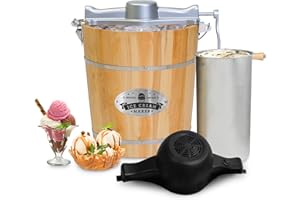 Elite Gourmet EIM402 Sorbetière électrique vintage en bois de 3,8 L, manivelle classique moulée sous pression, pour préparation de crème glacée avec glace et sel gemme en quelques minutes, pin