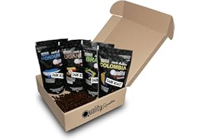 Quality Roasters Coffees. Café en grano Natural. 100% Arábica. Tueste Oscuro. Cuatro orígenes: Colombia, Brasil, Honduras y Uganda. 4 x 250 gr.