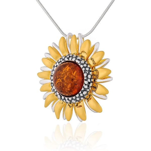 AMBEDORA Collana da Donna Cuore con Rosa, Argento Sterling Ossidato, Rosa Intagliata a Mano in Ambra Baltica, Ciondolo in Argento su Catena con