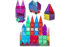 Playmags Magnet Building Tiles Set for Kids - 56 Pcs Stronger 3D Magnetic Block Set with Car - Colorful STEM Magnetic Tiles Toys - 6 Additional Clickins Included