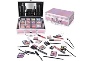 YBUETE Makeup Kit with Train Case for Teen Girl Women, Full Starter Cosmetic Set, Beginner Makeup Present, Reusable Full Cosmetic Train Case for Girl, Included Eyeshadow Blush Contour Eyebrow (Purple)