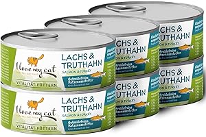 I love my cat NATURAL CAT FOOD Mokra karma dla kotów z łososiem i indykiem bez zbóż i innych składników, nie nadaje się do spożycia, zawiera naturalne składniki dla zrównoważonego odżywiania 6 x 100 g