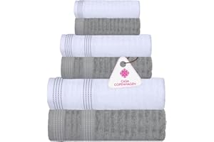 Casa Copenhagen Elegance Juego de Toallas de 6 Piezas, Gris Morado + Blanco, 550 g/m² 2 Toallas de baño, 2 Toallas de Mano, 2 paños de Suave algodón Egipcio para baño, Cocina y Ducha