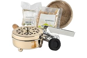 TRINTURA Räucherpfanne Set Gold Messing 6 teilig - Räuchergefäß zum Räuchern von Weihrauch, Harzen, inkl. Weihrauch, Räucherkohle, Räuchersand, Räucherzange