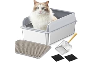 LADYSONS Lettiera per Gatti in Acciaio Inox, Grande, A Prova di Perdite, Facile da Pulire, Con Paletta e Tappetino, 50 x 35 x 20 cm