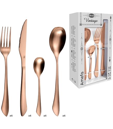 Set 24 Posate In Acciaio Inox 18/0 – Finitura Rame Lucido, Impugnatura Testurizzata – 6 Cucchiai, Forchette, Coltelli E Cucchiaini