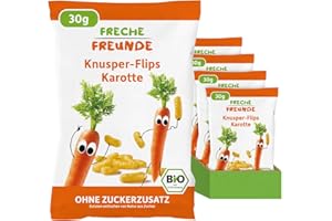 ‎FRECHE FREUNDE FRECHE FREUNDE Bio Knusper-Flips Karotte, Snack mit Mais, ohne Zuckerzusatz, Knabberzeug für Kinder und Babys ab 1 Jahr, vegan, 9er Pack (9 x 30g)