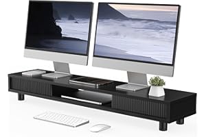 Fenge Réhausseur d'Écran d'Ordinateur avec deux Portes Coulissantes en Verre Grand Moniteur Stand pour 2 Moniteurs TV PC Imprimante, Pieds Réglables en Hauteur, 108x23,5x(15,2-16,7) cm (Noir)