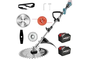 FIUTAZGE Decespugliatore a Batteria, Tagliabordi Elettrico,Tagliaerba a Batteria con 2 4.0Ah Batterie e 4 Tipi di Lame per taglio prato