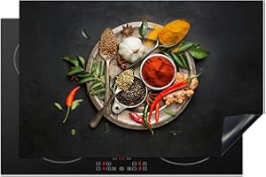 KitchenYeah© Protection Plaque Cuisson Deco Cuisine Cache Induction 80x52 cm Protège Pour Cuisiniere Protection Épices - Poivre - Cuillères - Légumes