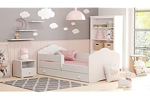 KOBI Letto per Bambini con Sponde FALA | Bianco Lettino Bambina con Cassetto | 160 x 80 CM | Lettino Bambino con Materasso | Lettini per una Ragazza un Ragazzo | Letto Bimbo Singolo