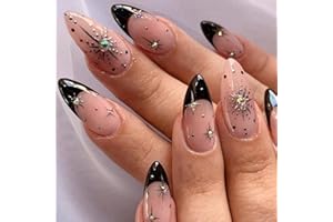 Xanthelle Nail Press On Nails, 24 szt. czarne paznokcie z francuską końcówką w kształcie migdałów, sztuczne paznokcie ze złotym brokatem i kryształkami, błyszczące pełne pokrycie, letnie prasy na