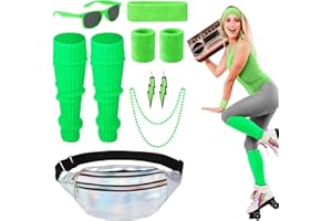 Heyu-Lotus 80er Jahre Outfit Damen, 90er Jahre Kostüm Kleidung Accessoires mit Bauchtasche, Stirnband, Beinwärmer, Armbänder, Brille und Ohrring für Karneval Neon Party
