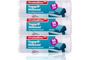 Profissimo Tragegriff-Müllbeutel 50l (60 Stück), 3er Pack - Reißfest & Flüssigkeitsdicht - (3 x 20 Stück)