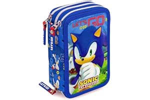 CLONDO Piórnik trzykomorowy z 45 akcesoriami – dla dzieci i fanów Sonic – klasy 1–3 – idealny na prezent – długopis wymazywalny, klej, nożyczki, kredki, flamastry