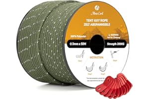 Abma Cord Tent Guy Ropes 3mm 50M Guy Line 10 Pcs Guy Rope Tensioners Heavy Duty Guide Rope for Camping, Gazebos, Awning, Tarp - Reflective Army Green