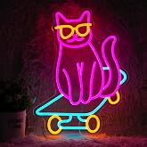 LISIGNVE Kaykay Kedi Neon Tabela Sevimli G&ouml;zl&uuml;k Kedi LED Neon Işık Kısılabilir Hayvan Işıklı Tabela Yatak Odası Dekoru Evcil 