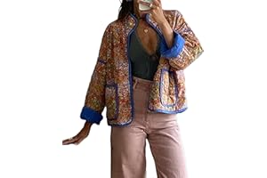 SANSIWU Women's Cropped Puffer Jacket Floral Print Padded Quilted Coat Long Sleeve Lightweight Vintage Padded Jacket Outerwear