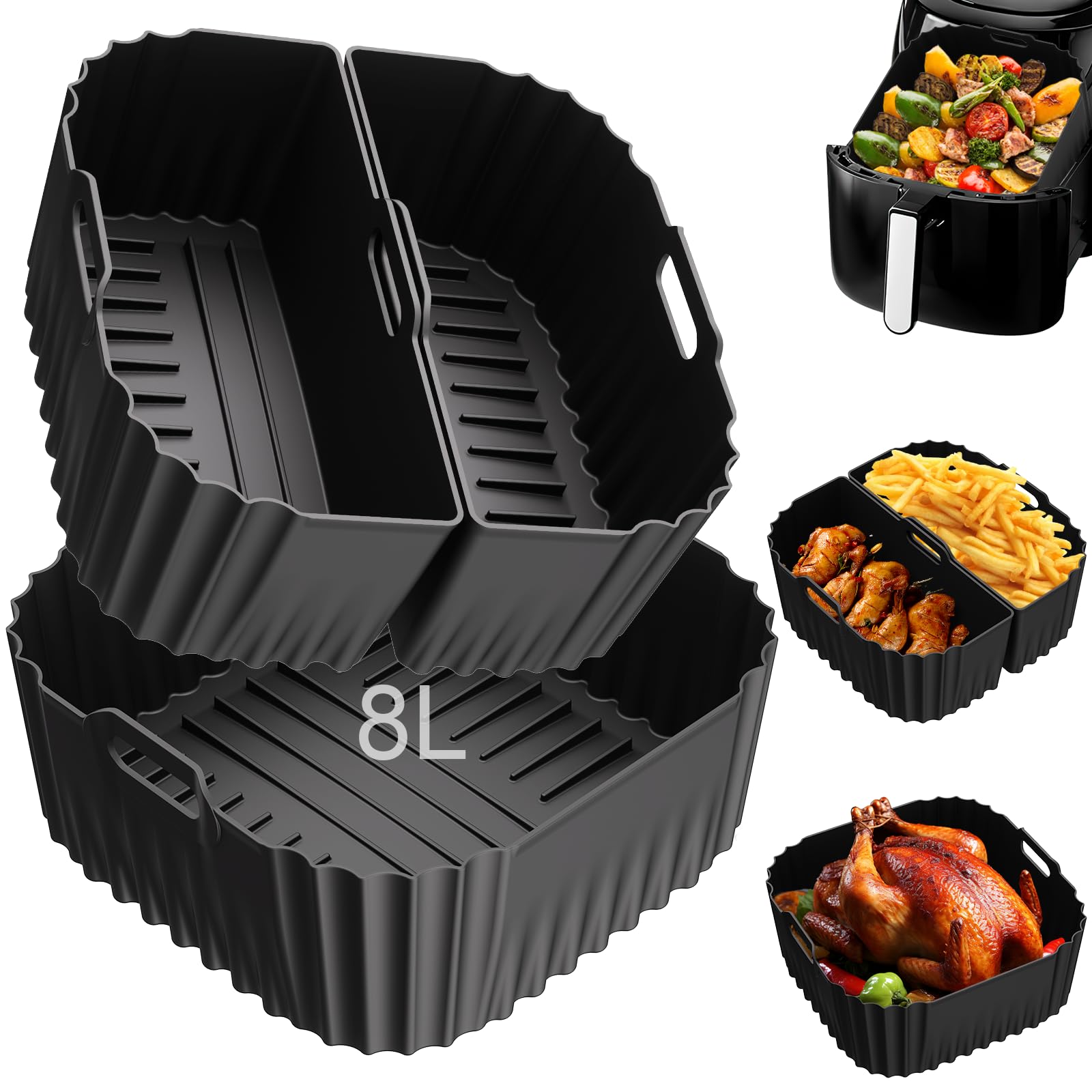 Molde Silicona Freidora de Aire para Russell Hobbs XXL 8 L/ 8,3 L, 3 Piezas | Reutilizable Recipientes Airfryer Accessoire Cesta Utensilios antiadherente, Apto para Lavavajillas (27170-56 / 27632-56)