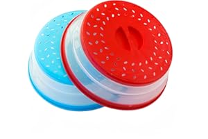RUNZI 2Pack Collapsible Microwave Food Cover BPA Free TPR, 10.5inch, Round with Grip Handle & Hook Hole (Red+Blue)…