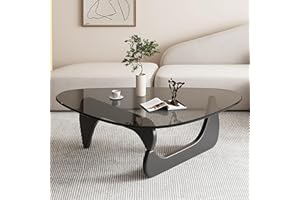 PRITIY Szklany stolik kawowy, nowoczesny stolik kawowy z połowy wieku, do salonu, owalne, małe trójkątne stoliki kawowe, do małych przestrzeni, abstrakcyjny zakrzywiony stolik kawowy, czarny + szary,