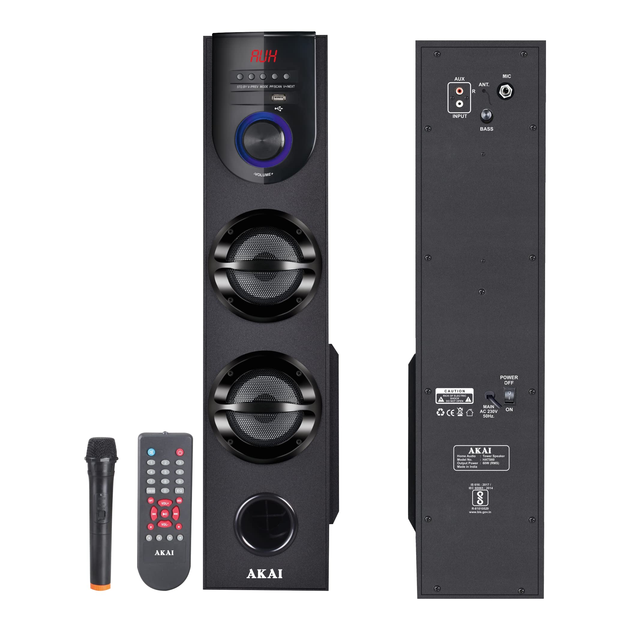 AKAI HA-TS60 60W Bluetooth Tower Speaker with Full Control Remote Led Display USB FM Party Speaker Home Theatre Extreme Bass Karaoke Support with Wireless Mic.