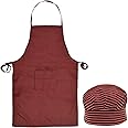 Amazon Brand - Solimo Apron & Cap Set | for Men & Women | Oil Stain Resistant | Lining Print (Maroon)