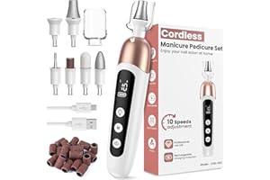 KOOFIT Maniküre/Pediküre Set, Nagelfräser, Kabellos Akku Elektrische Nagelfeile mit 6 Aufsätze zur Nagelpflege, Nagelfräser für Gelnägel mit 10 Geschwindigkeiten und LED Licht, Hände Fußpflege Fräser set