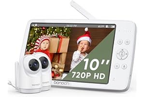 bonoch Elektroniczna niania 10 cali z 2 kamerami, 720P HD Quad-Split ekran 10000 mAh, akumulator wideo, ekran Quad-Split, noktowizor, obustronna funkcja audio, pilot PTZ, tryb VOX, 8 kołysanek