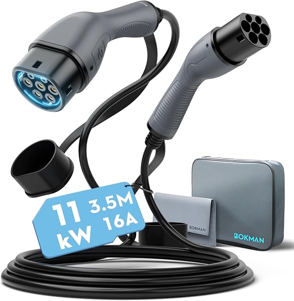 bokman Type 2 Câble de Recharge Voiture Electrique PHEV, Mode 3 / 16A / 11kW / Triphasé / 3,5 mètres, Câble de Charge Rapide - 1