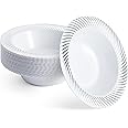MATANA 20 Premium White Plastic Bowls with Silver Rim, 360ml - Elegant, Sturdy & Reusable - Soup & Dessert Bowls for Weddings, Birthdays, BBQ, Buffets, Catering, Parties