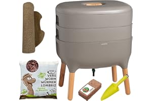 WORMBOX Moutta I Urbalive 2 Bandejas Gris, Kit Completo I Diseño Vermicompostaje I 500g lombrices / 1000 uds. I Sustrato Inicial I Estera de cáñamo + Pala I Interior, balcón y jardín